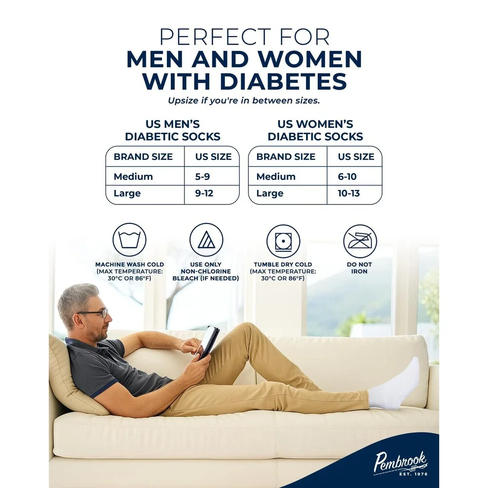 Pembrook Men's White Diabetic Socks Women 6 Pairs Wide Stretch Top Men 9-12 L